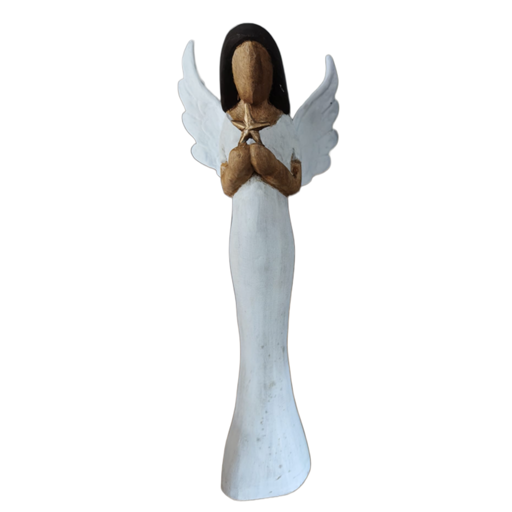 Weißer Weihnachtsengel mit großen Flügeln, braunem Haar und goldfarbenem Stern vor transparentem Hintergrund.