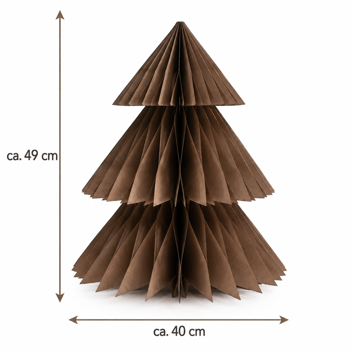 Brauner Tannenbaum aus gefaltetem Papier von PaperART auf weißem Hintergrund mit Maßangaben: ca. 49 cm hoch und ca. 40 cm breit.