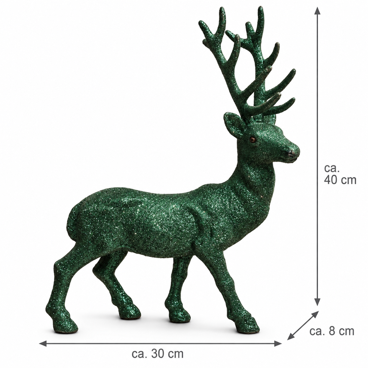 Dunkelgrüner Deko-Hirsch mit glitzernder Oberfläche und großem Geweih auf weißem Hintergrund, ca. 40 cm hoch, 30 cm lang und 8 cm breit – elegante Weihnachtsdekoration für ein festliches Zuhause.