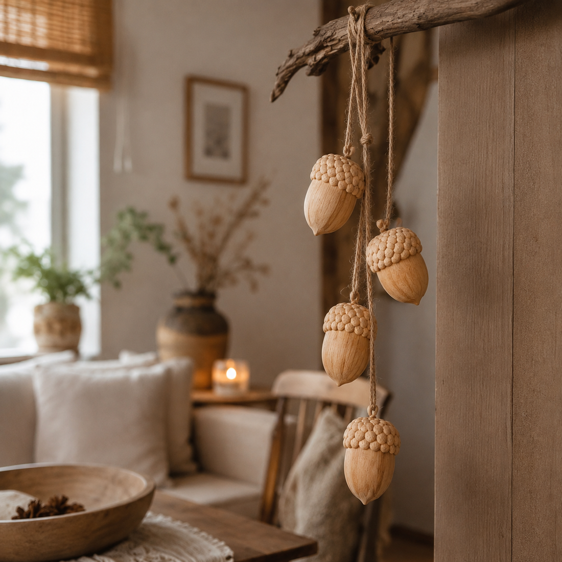 Zirbeneicheln an Naturschnur in Hyggewohnung