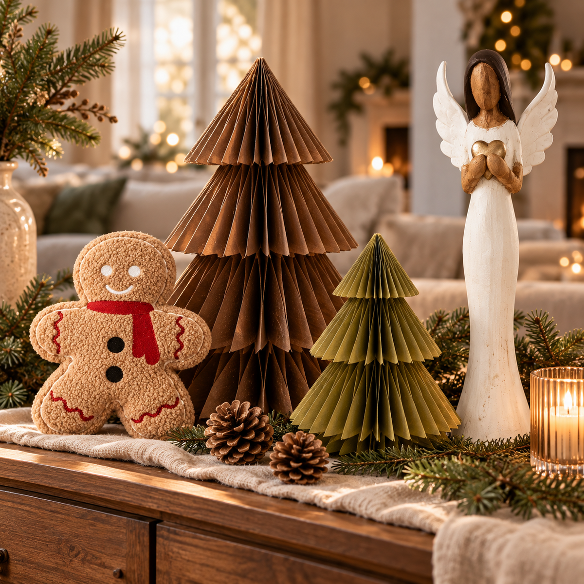 Gemütliche Weihnachtsdekoration auf einer Holzkommode mit großem braunem und kleinem grünem Papiertannenbaum, weißem Engel mit goldenem Herz und Lebkuchenmann, ergänzt durch Tannenzweige und warmes Kerzenlicht.