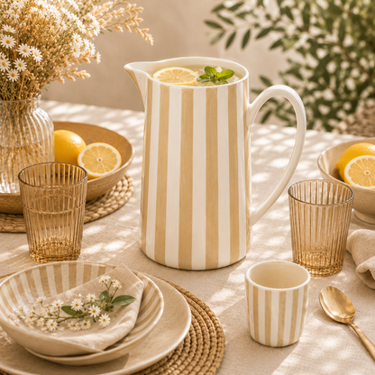 Porzellan Krug gestreift – Vintage Servierkrug 1,5 L – Wasserkrug & Blumenvase Beige