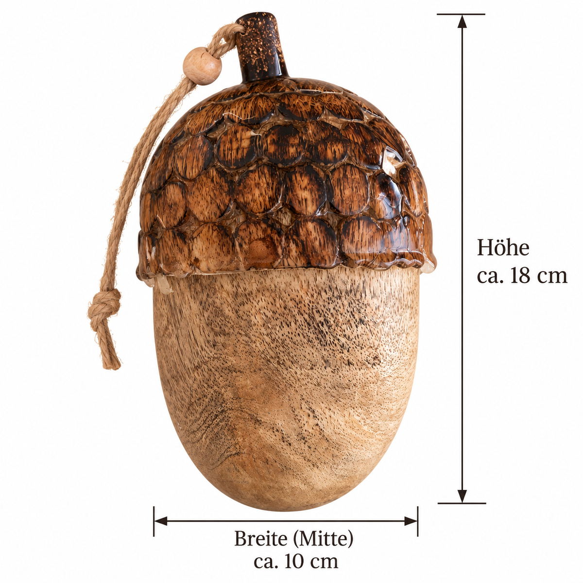 Deko-Eichel aus Holz mit Naturkordel, ca. 18 cm hoch und ca. 10 cm breit in der Mitte, mit dunkelbrauner strukturierter Kappe.