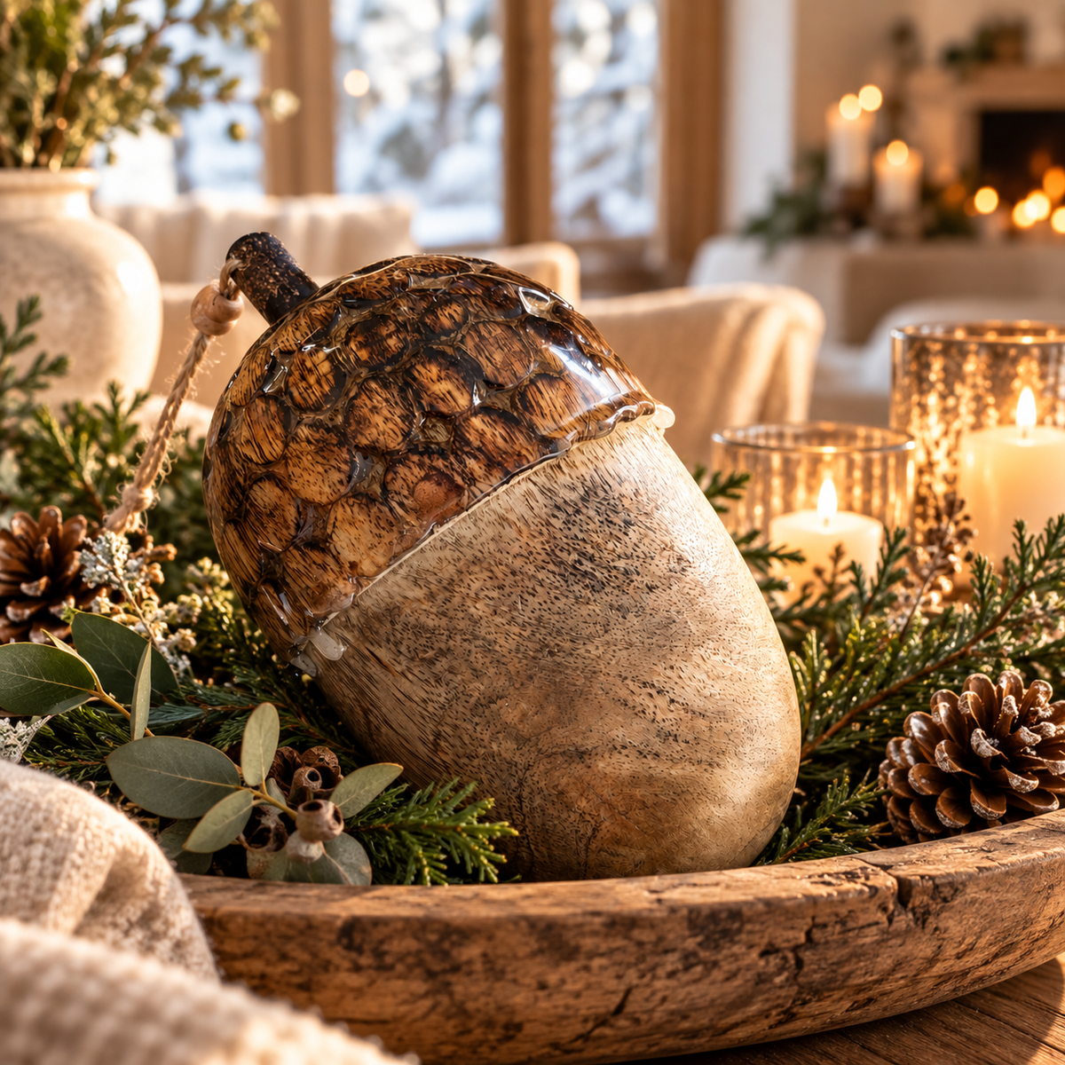 Deko-Eichel aus Holz liegt in einem dekorativen Holztablett mit Tannenzweigen, Eukalyptus und Zapfen in gemütlicher Weihnachtsdekoration.