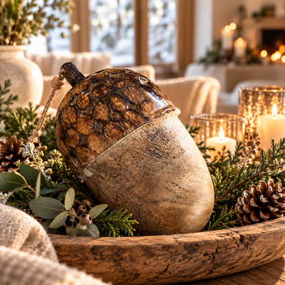 Deko-Eichel aus Holz liegt in einem dekorativen Holztablett mit Tannenzweigen, Eukalyptus und Zapfen in gemütlicher Weihnachtsdekoration.