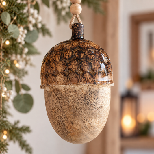 Deko-Eichel aus Holz zum Aufhängen, 18 cm, mit strukturierter dunkler Eichelkappe und Naturkordel