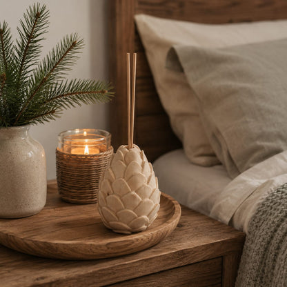 Zirbenholz Duftträger mit Holzstäbchen auf einem Holztablett neben dem Bett in natürlicher Schlafzimmeratmosphäre