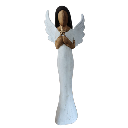 Weißer Weihnachtsengel mit großen Flügeln, braunem Haar und goldfarbenem Stern vor transparentem Hintergrund.