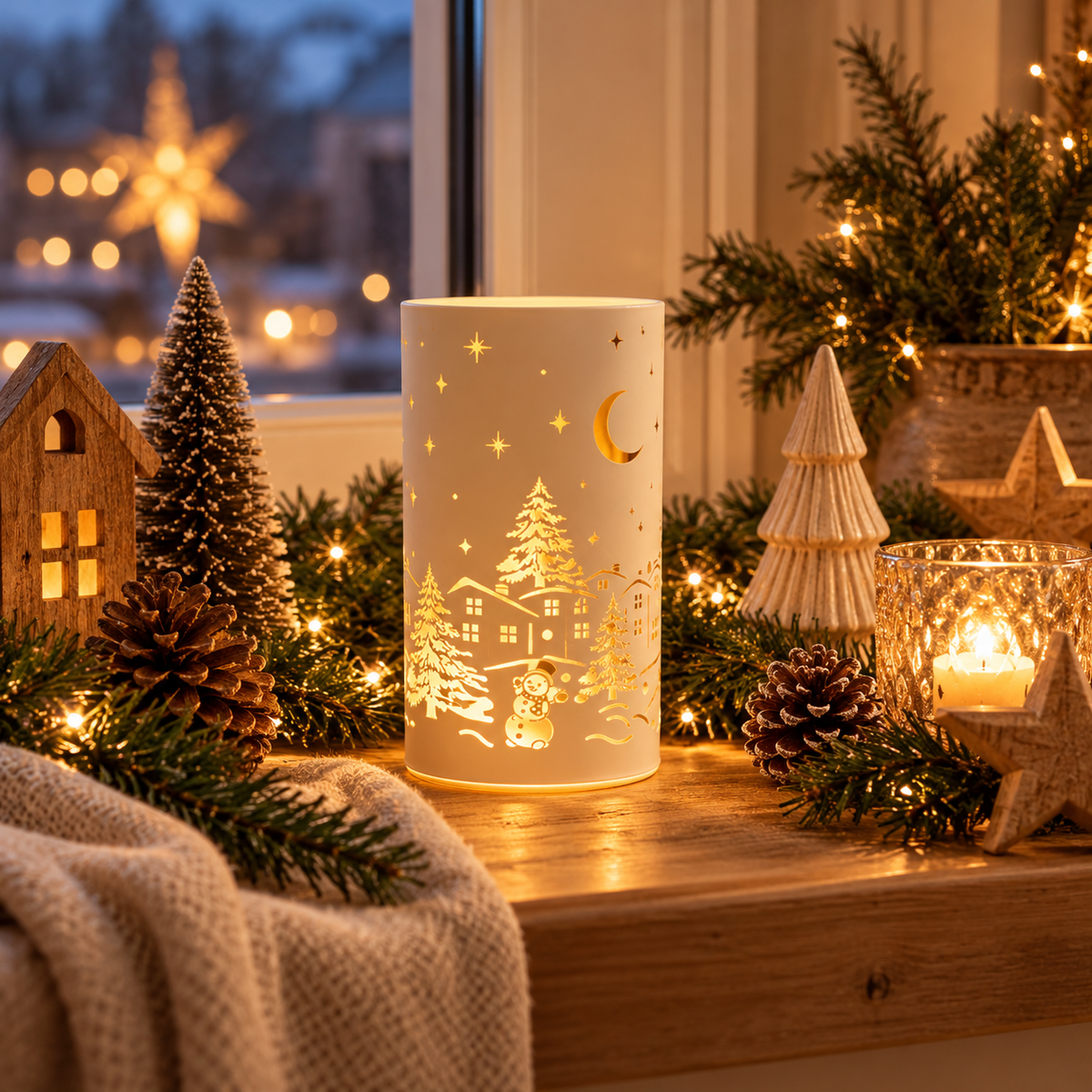 Weiße LED-Weihnachtsleuchte mit goldfarbenem Innenraum und goldenem Winterdorf, Mond, Sternen und Schneemann auf einer festlich dekorierten Fensterbank mit Tannenzweigen, Zapfen und natürlichen Weihnachtsaccessoires. Warmes Licht für eine gemütliche Weihnachtsatmosphäre im stilvollen Interior-Stil.