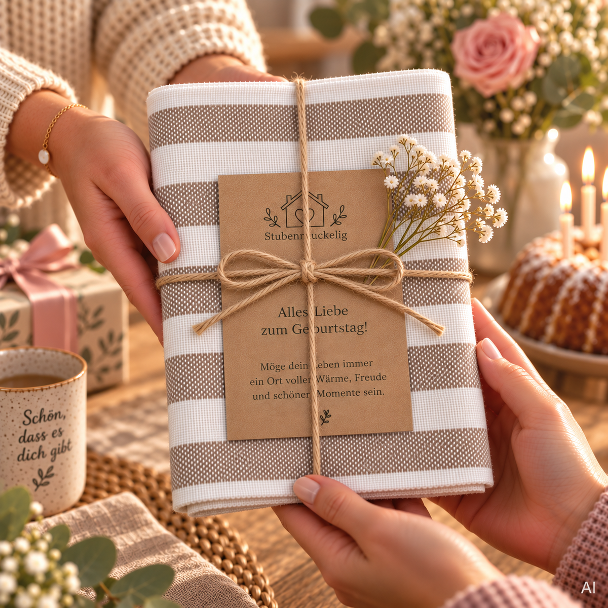 Geschenkesest Geschirrhandtuch 3er Set beige weiß mit Naturkordel und Blümchen verziert und als Geschenk verpackt