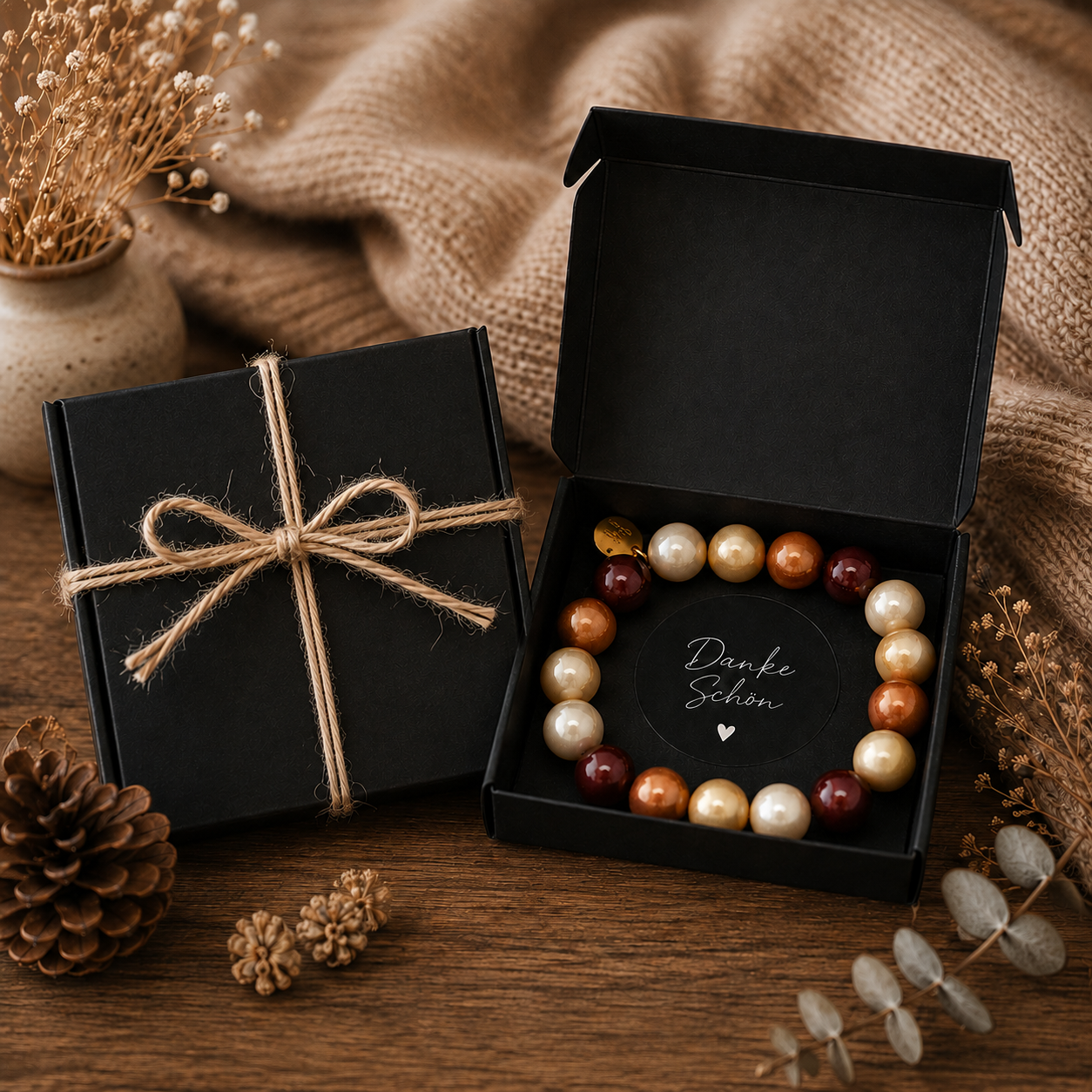 Geschenkset mit Perlenarmband 12 mm – liebevoll verpackt | verschiedene Perlenfarben
