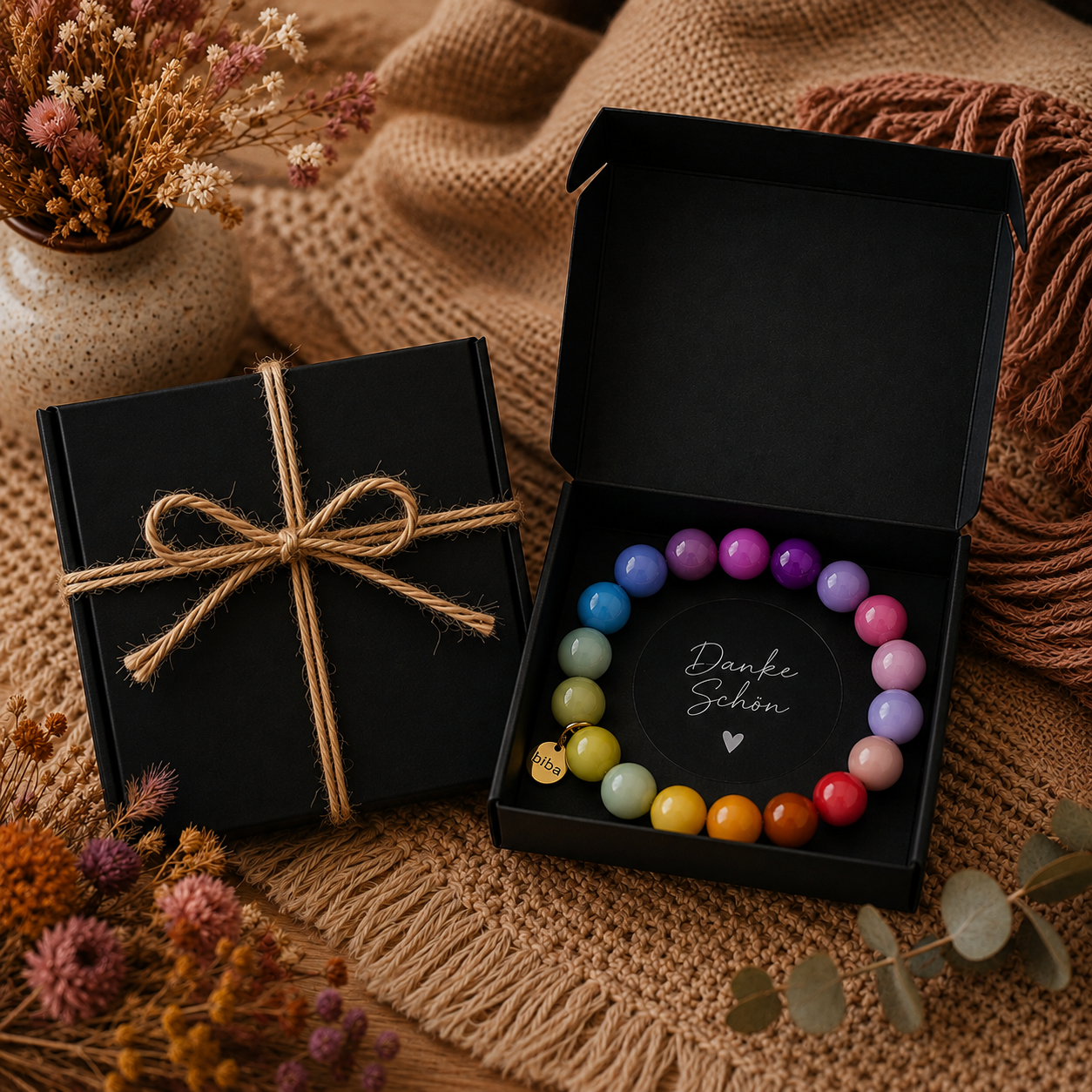 Geschenkset mit Perlenarmband 12 mm – liebevoll verpackt | verschiedene Perlenfarben