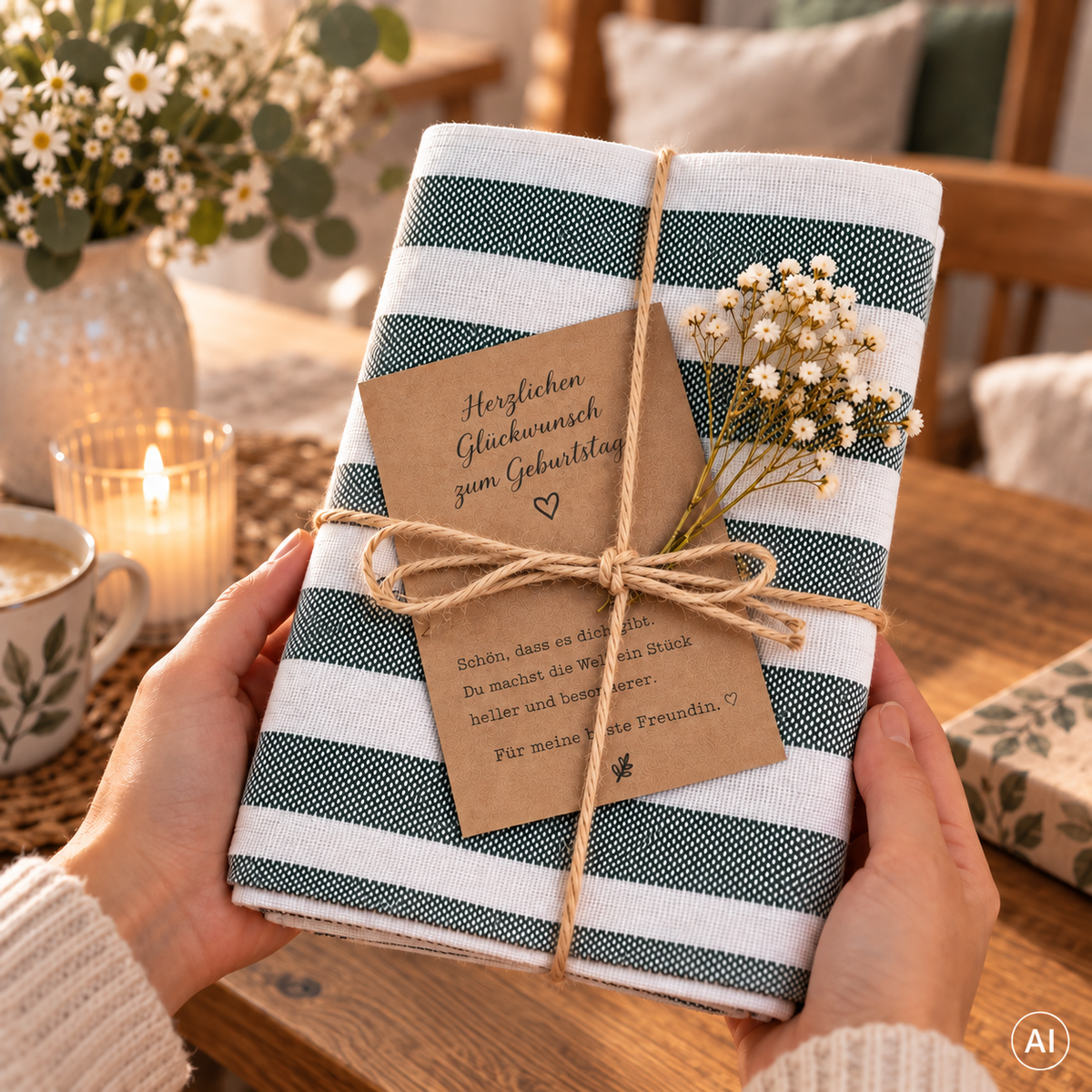 Geschenkeset 3er Geschirrhandtuch weiss gruen in Lifestyle Umgebung