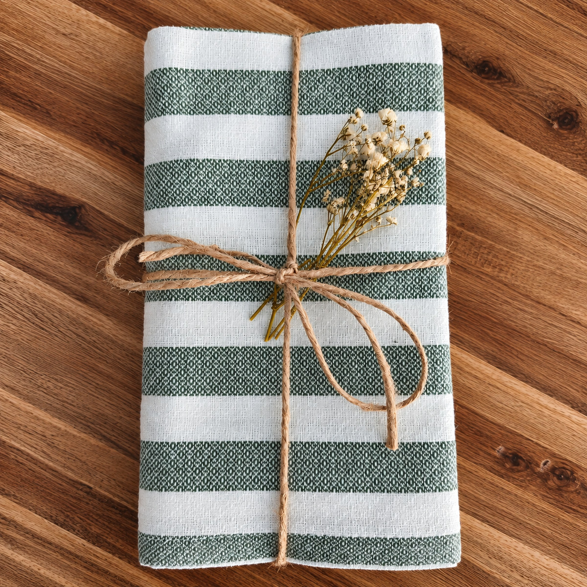 Geschirrtuch 3er Set in gruen weiss mit Streifen und Naturkordel mit Blümchen zum verschenken