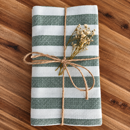 Geschirrtuch 3er Set in gruen weiss mit Streifen und Naturkordel mit Blümchen zum verschenken