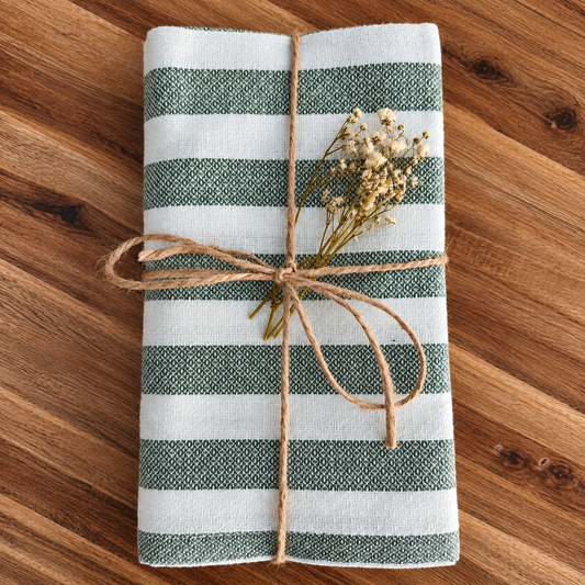 Geschirrtuch 3er Set in gruen weiss mit Streifen und Naturkordel mit Blümchen zum verschenken