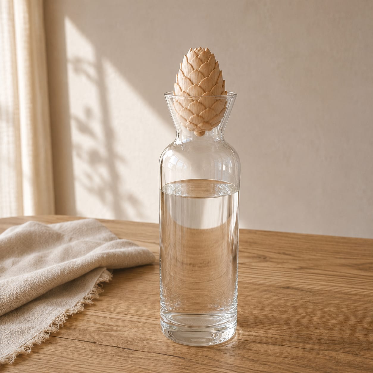 Zirbenzapfenkaraffe aus Glas auf einem Tisch mit einem Tischtuch und dezentem Lichteinfall