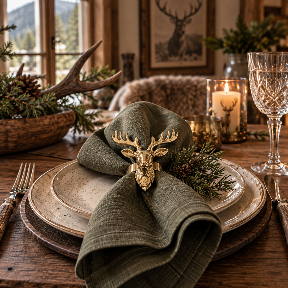 Hirschserviettenring in Alpiner Wohnumgebung mit Naturserviette und dekorativem Tisch im Landhausstil
