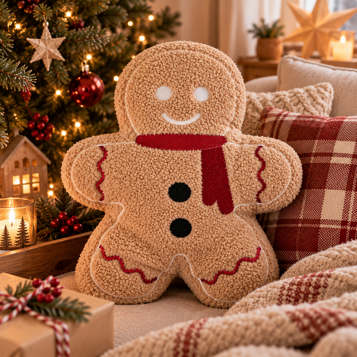 Lebkuchenkissen auf der Couch vor dem Weihnachtsbaum in weihnachtlicher Stube