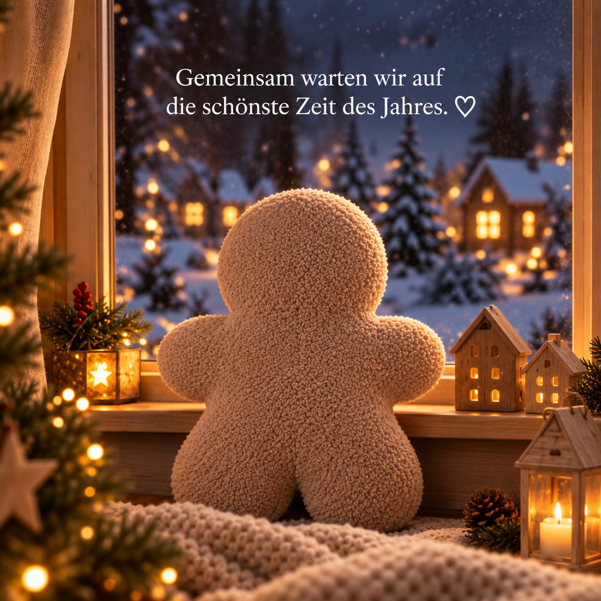 Der Lebkuchenmann Theo steht am weihnachtlich dekorierten Fenster und schaut auf die verschneite Dorflandschaft