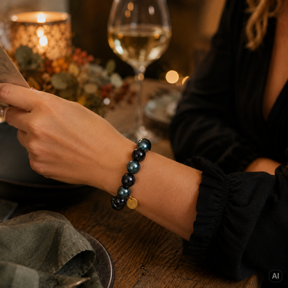 Perlenarmband in Antrazit Petrol am Handgelenk einer Frau in einem Restaurant bei einem Glas Wein und Speisekarte lesened