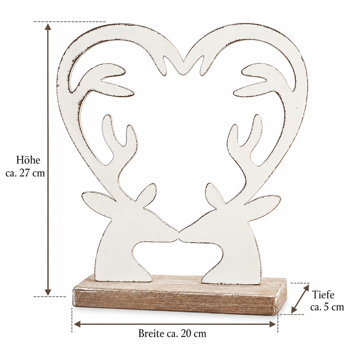 Rentier-Deko aus Metall und Holz mit Herzform, ca. 27 cm hoch, 20 cm breit und 5 cm tief – Größenübersicht