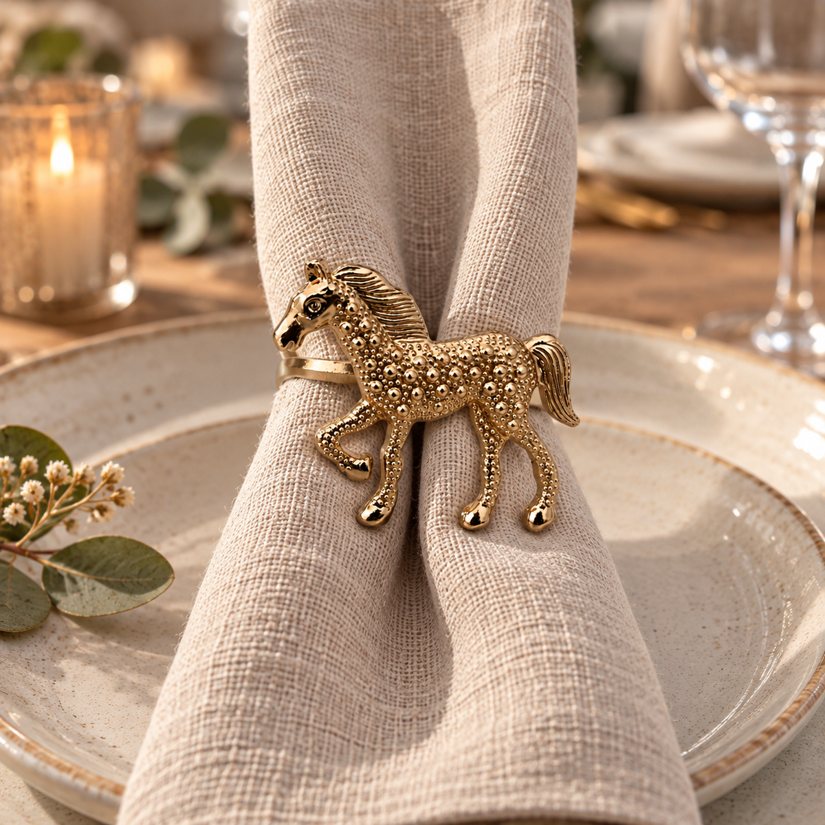 Serviettenring Pferd gold mit Serviette in Natur. Hintergrund gedeckter Tisch