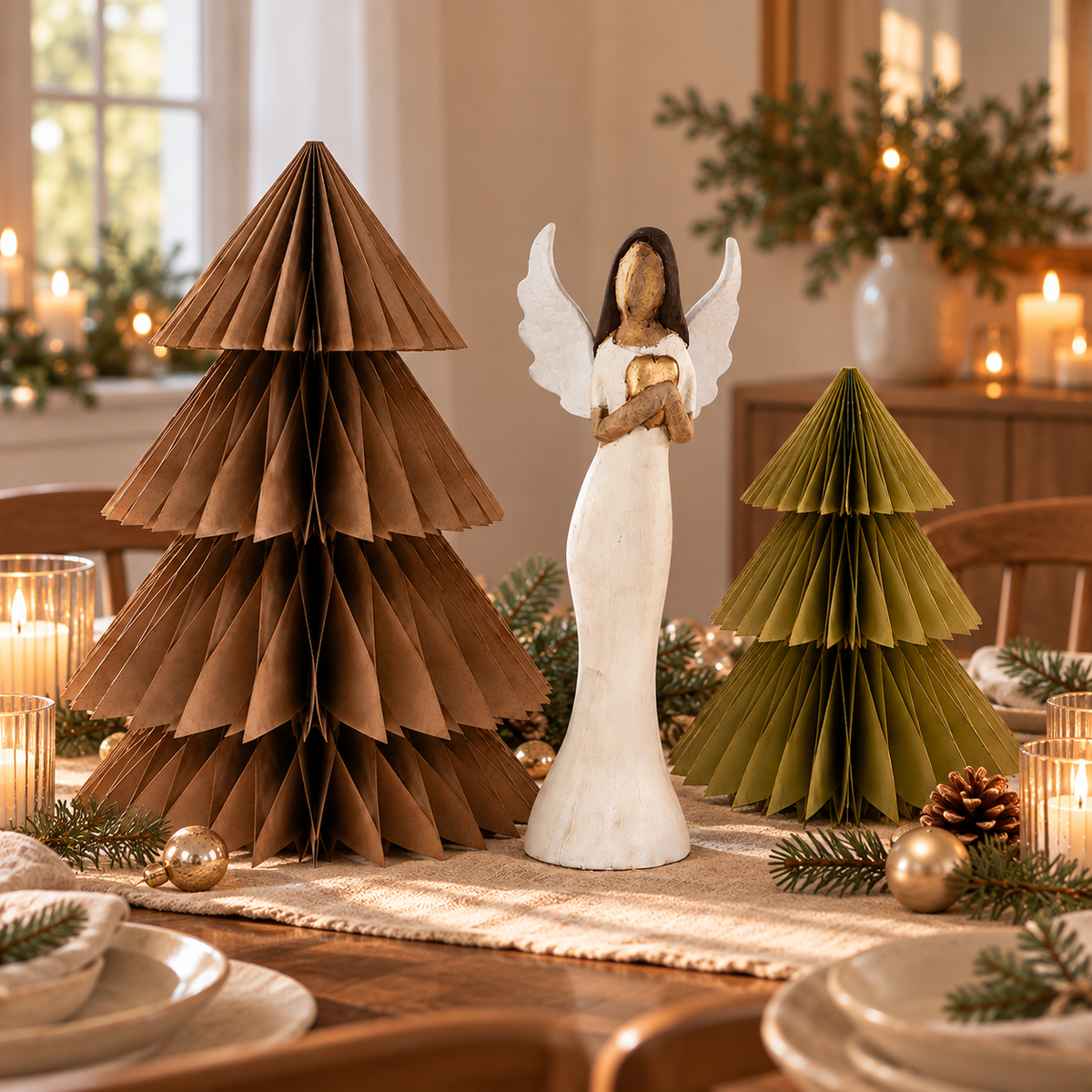 Festliche Weihnachtstischdekoration mit großem braunem und kleinerem grünem Tannenbaum aus gefaltetem Papier sowie weißem Engel mit goldenem Herz, ergänzt durch Tannenzweige und Kerzenlicht.