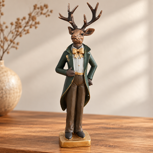 Stilvolle Deko-Hirsch-Figur im Gentleman-Look mit prachtvollem Geweih, grünem Frack und goldener Fliege stehend auf einem Holz-Sideboard.