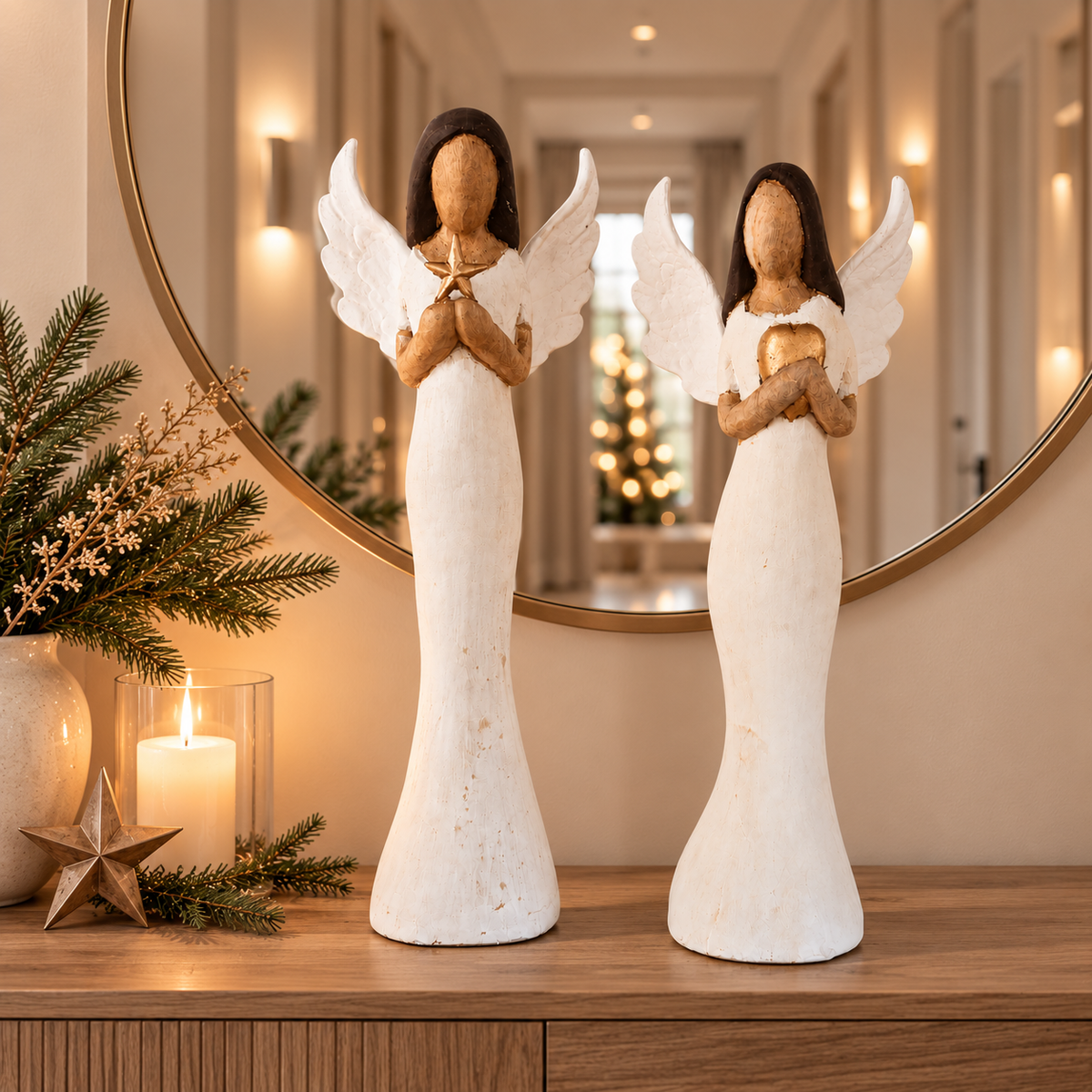 Zwei elegante Weihnachtsengel aus Holz in Weiß und Gold stehen auf einer Holzkommode in einem warm beleuchteten Flur mit weihnachtlicher Dekoration.