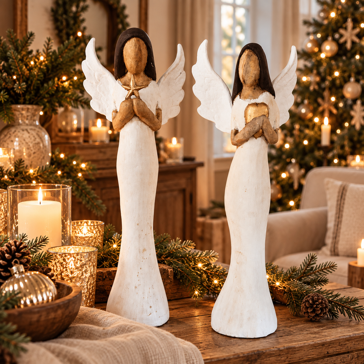 Zwei weiße Weihnachtsengel mit goldfarbenen Gesichtern, braunem Haar und großen Flügeln stehen auf einem Holztisch. Umgeben von Tannenzweigen, Kerzen, Lichterketten und Weihnachtsdekoration entsteht eine warme, nostalgische Weihnachtsstimmung.