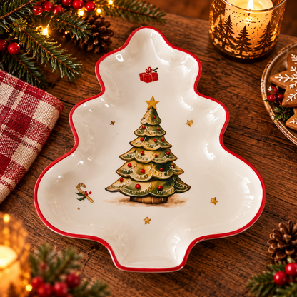 Weihnachtsteller Tannenbaum nostalgisch und weihnachtlich für Gebäck und Kaffeeteilchen auf weihnachtlich geschmücktem Tisch.