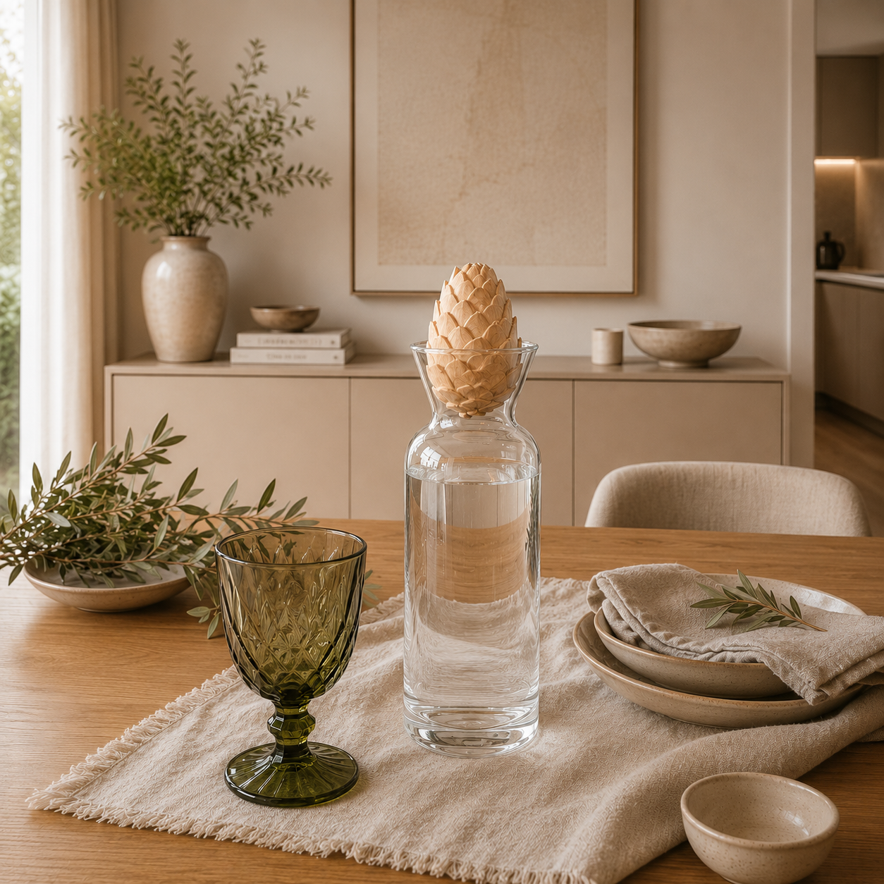 Gedeckter Tisch mit Zirbenholz Glaskaraffe in einem Esszimmer in Teigeton neben einem grünen Glas in gemütlicher Atmosphäre