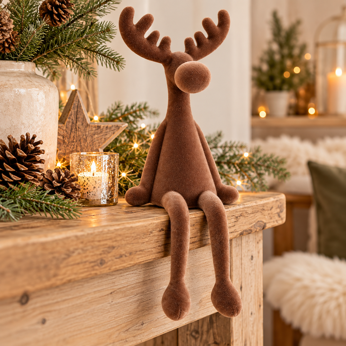 Brauner Elch-Kantenhocker mit samtiger Optik und langen Beinen als gemütliche Weihnachtsdekoration mit Tannenzweigen, Zapfen und Kerzenlicht bei Stubenmuckelig.