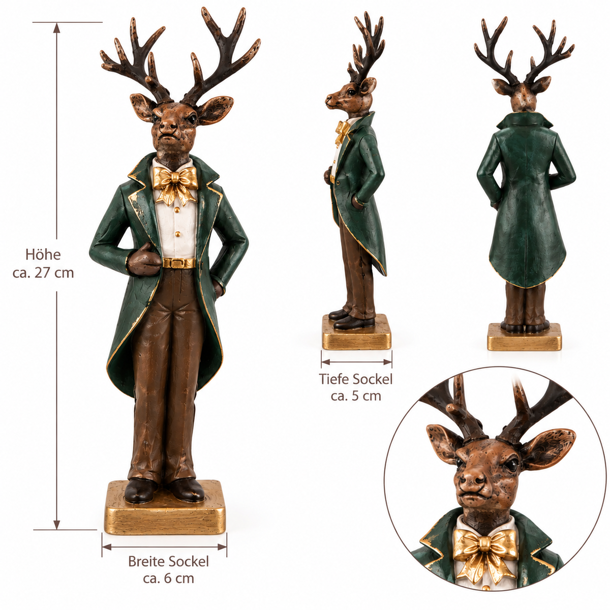 Produkt-Infografik der Deko-Hirsch-Figur Gentleman von allen Seiten mit genauen Maßen: Gesamthöhe ca. 27 cm, Sockelbreite ca. 6 cm, Sockeltiefe ca. 5 cm und eine Detailansicht des Kopfes.

