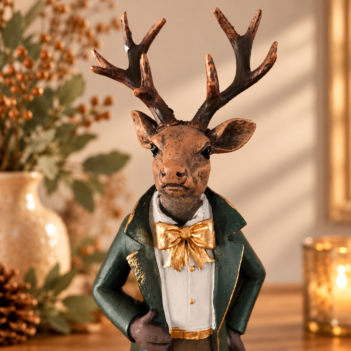 Nahaufnahme der Deko-Hirsch-Figur Gentleman mit Fokus auf das detaillierte Gesicht, das ausgearbeitete Geweih und die glänzende goldene Fliege vor einem weihnachtlichen Hintergrund.
