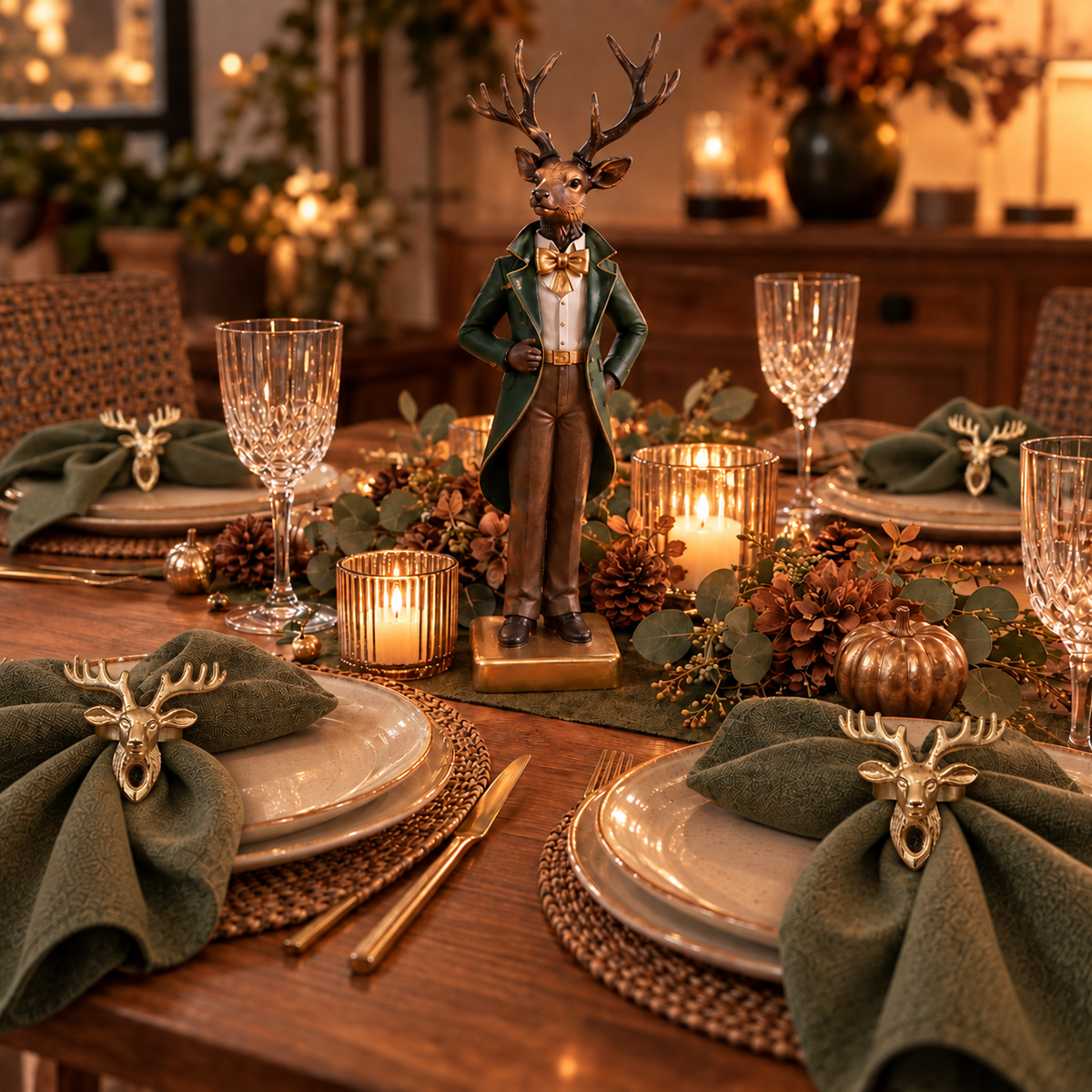 Der elegante Deko-Hirsch Gentleman als festliche Tischdekoration für Weihnachten, platziert inmitten eines reich gedeckten Esstischs mit grünen Servietten, Hirsch-Serviettenringen und warmem Kerzenschein.
