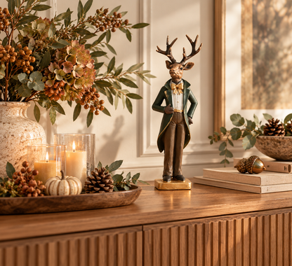 Die elegante Deko-Hirsch-Figur Gentleman als herbstliche und weihnachtliche Dekoration auf einem Holz-Sideboard, stilvoll arrangiert mit brennenden Kerzen, Kürbissen, Tannenzapfen und einer großen Bodenvase.