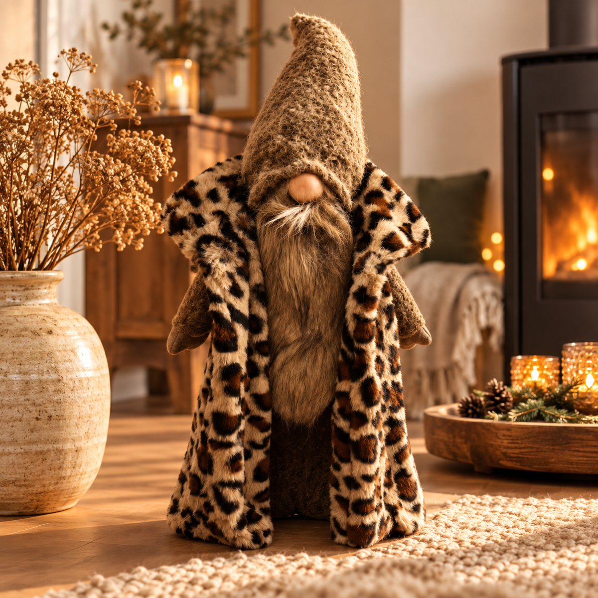 Großer Deko-Wichtel mit 66 cm Höhe, braunem Bart, hoher Strickmütze und kuscheligem Mantel im Leopardenmuster als gemütliche Wohn- und Weihnachtsdekoration von Stubenmuckelig.