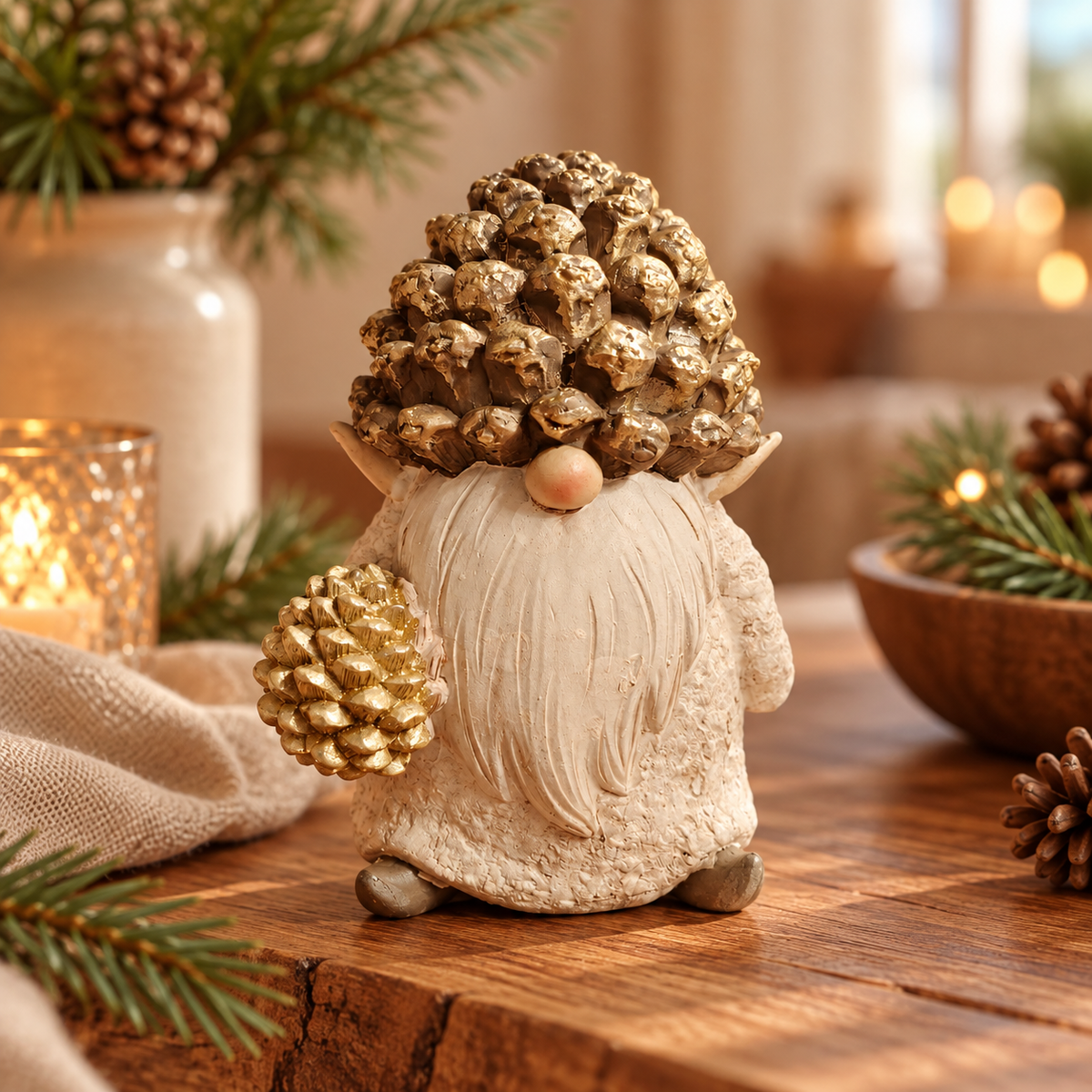 Cremefarbener Deko-Wichtel mit goldenem Tannenzapfenhut und goldenem Zapfen in der Hand – stilvolle Herbst- und Weihnachtsdeko im natürlichen Hygge-Stil.