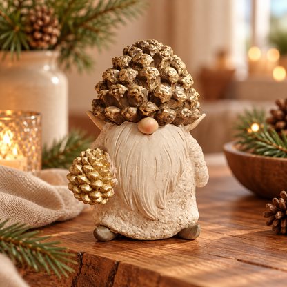 Cremefarbener Deko-Wichtel mit goldenem Tannenzapfenhut und goldenem Zapfen in der Hand – stilvolle Herbst- und Weihnachtsdeko im natürlichen Hygge-Stil.