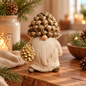Cremefarbener Deko-Wichtel mit goldenem Tannenzapfenhut und goldenem Zapfen in der Hand – stilvolle Herbst- und Weihnachtsdeko im natürlichen Hygge-Stil.