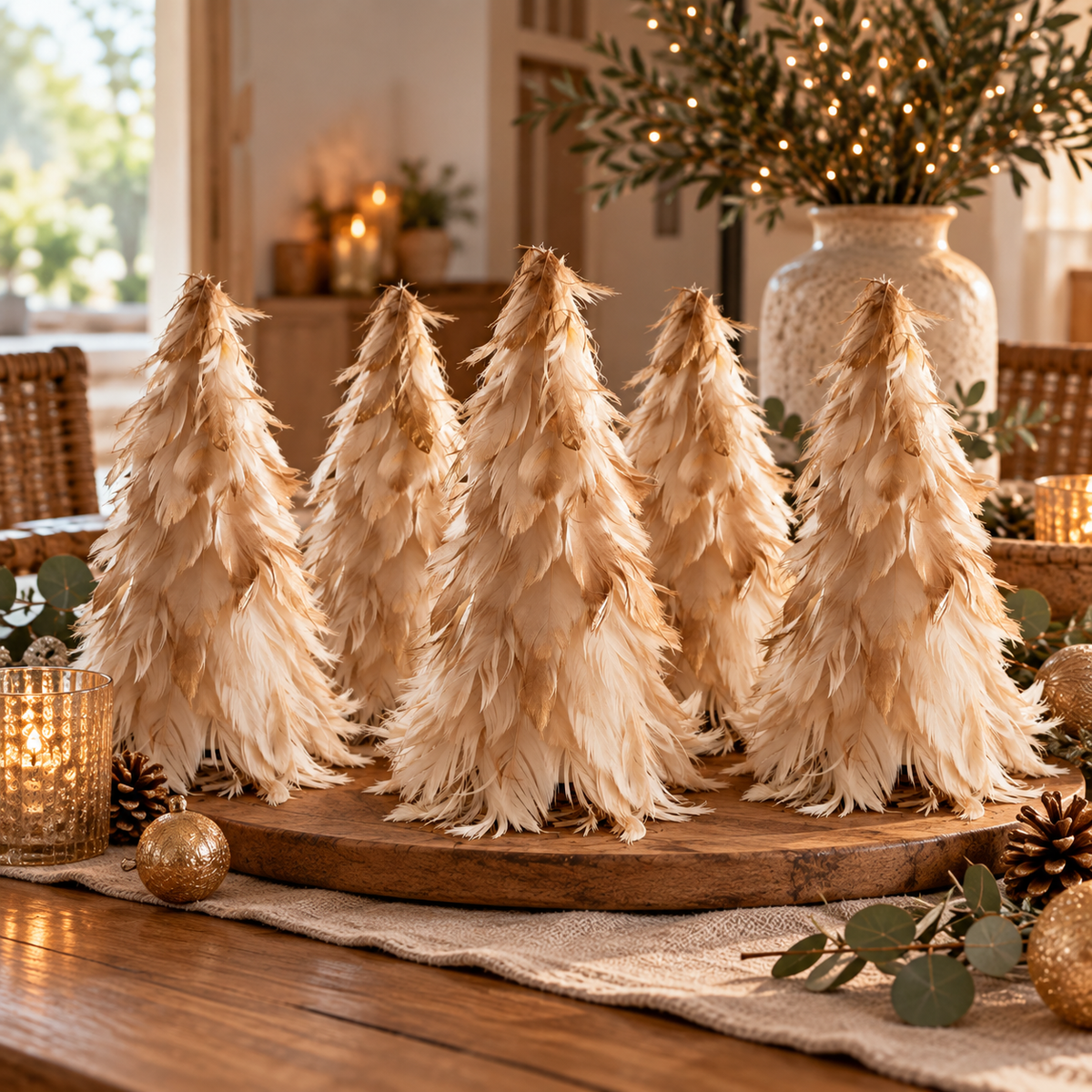 Fünf creme-goldene Deko-Federbäume (30 cm) im Boho-Style als weihnachtliche Tischdeko auf einem rustikalen Holztablett.