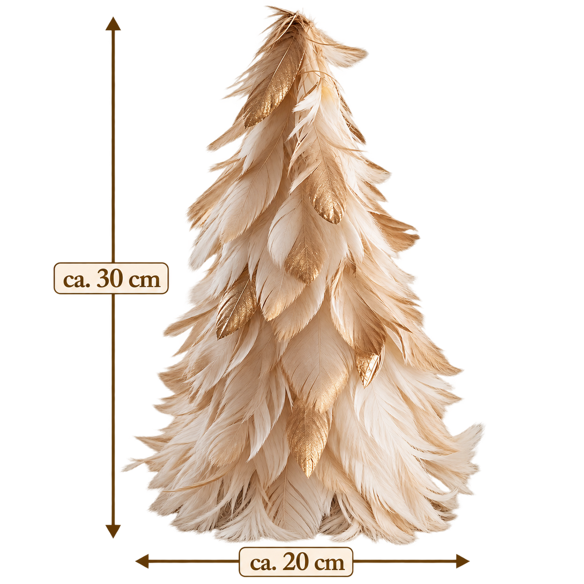 Produktgrafik mit Maßen des Deko-Federbaums in Creme-Gold: ca. 30 cm Höhe und ca. 20 cm Breite auf weißem Hintergrund.