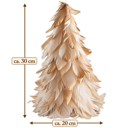 Produktgrafik mit Maßen des Deko-Federbaums in Creme-Gold: ca. 30 cm Höhe und ca. 20 cm Breite auf weißem Hintergrund.