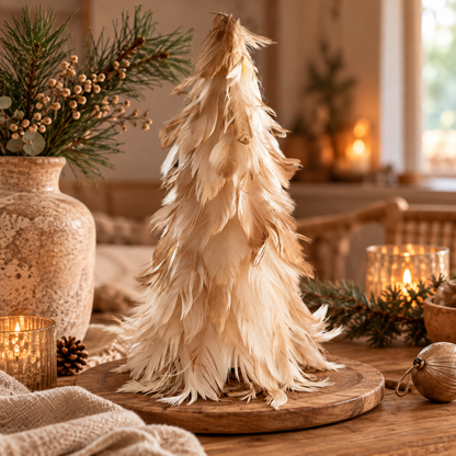 Nahaufnahme eines 30 cm großen Deko-Federbaums in Creme-Gold auf einem runden Holzteller in einer weihnachtlichen Boho-Dekoration.
