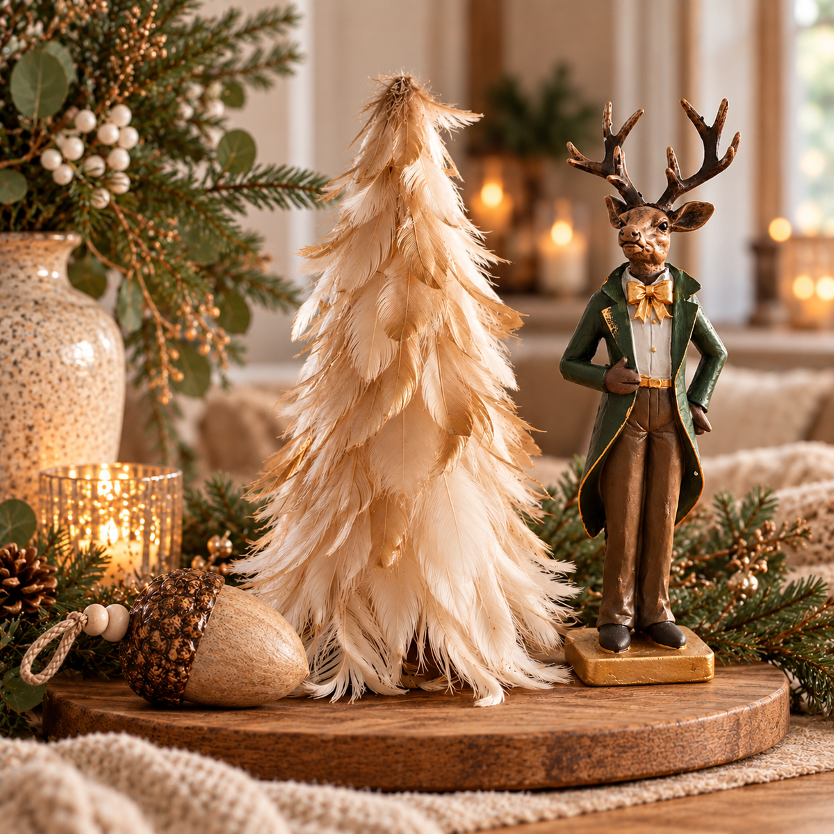 Deko-Federbaum in Creme-Gold (30 cm) arrangiert mit einer eleganten Hirsch-Figur im grünen Gehrock auf einem Holztablett als weihnachtliche Tischdekoration.