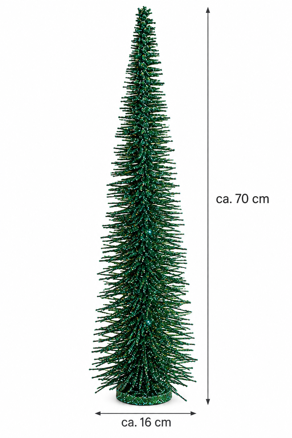 Schlanker dunkelgrüner Glitzer-Weihnachtsbaum vor weißem Hintergrund mit Maßangaben von ca. 70 cm Höhe und ca. 16 cm Breite.