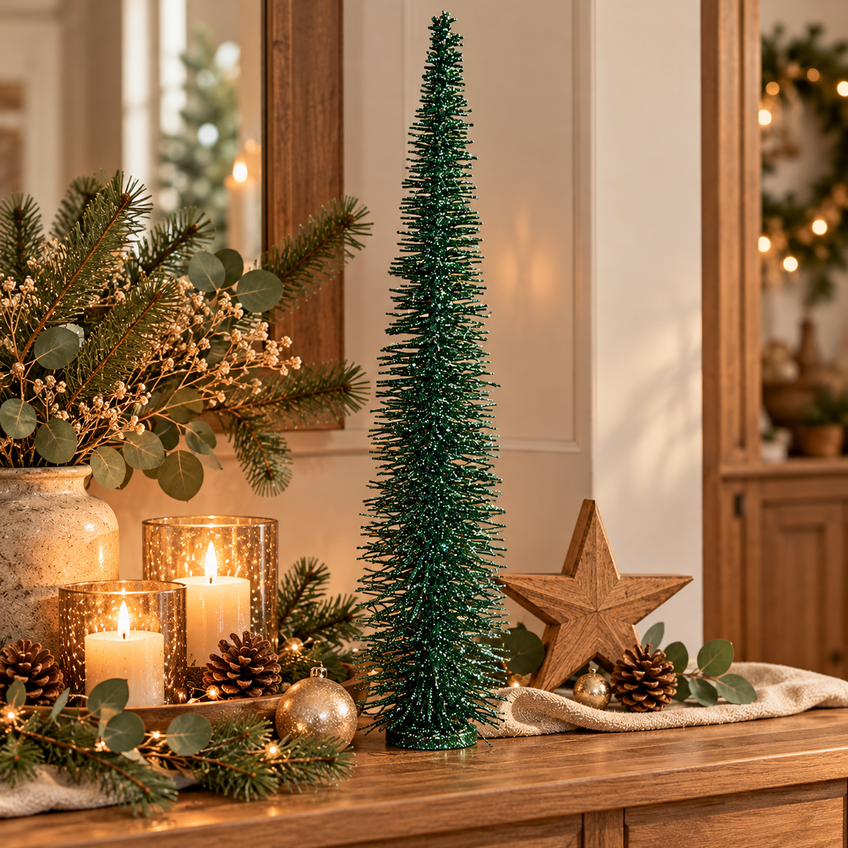 Schlanker dunkelgrüner Glitzer-Weihnachtsbaum auf einer Holzkonsole, dekoriert mit Tannengrün, Tannenzapfen, goldenen Weihnachtskugeln, einem Naturholzstern und warmem Kerzenlicht im gemütlichen Landhausstil.