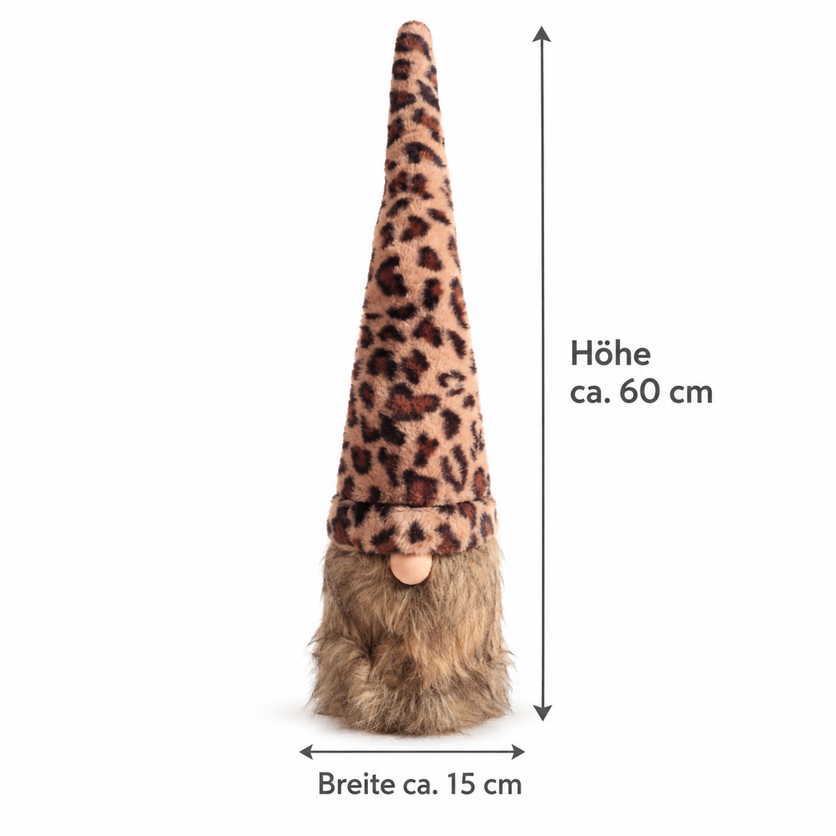 Großer Kuschelwichtel mit langer Leo-Mütze in Braun-Beige und flauschigem Bart, ca. 60 cm hoch und 15 cm breit, auf weißem Hintergrund als Weihnachtsdekoration.